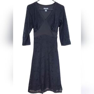 Northstyle Black Lace Dress Midi Apron Waist V Neck 3/4 Sleeve Goth Sz Medium